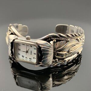 Navajo Indian Handmade Sterling Silver Cuff Bracelet Watch J895
